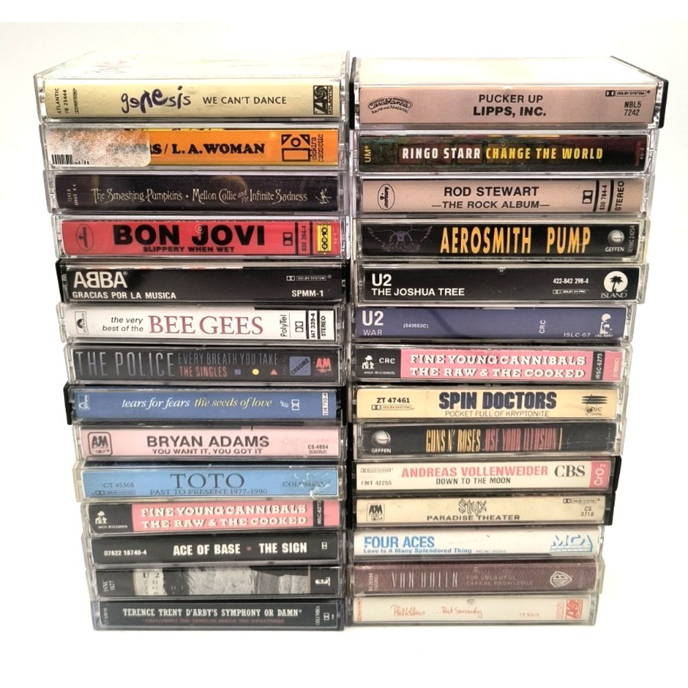 28 Cassette Tape Lot Rock Pop U2 Guns N Roses Bon Jovi Aerosmith Genesis 80s 90s